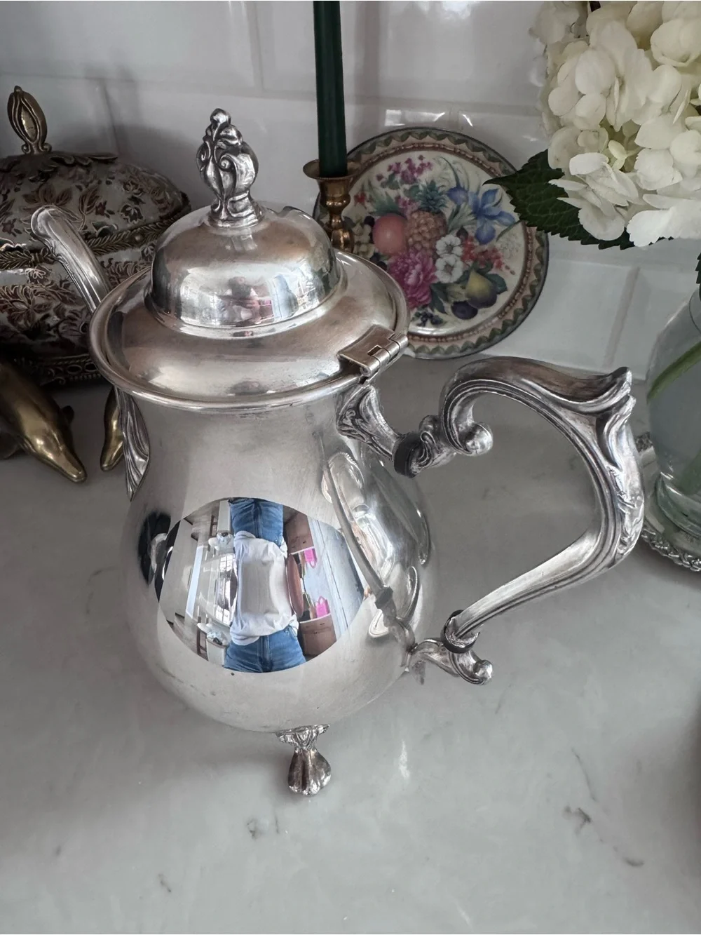 Sheridan Silver Co Silver Plated Tea Pot Silver On Copper Flower Design 4 Footed